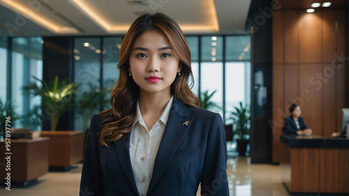 girl formal wear in Office reception area background