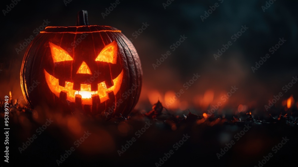 Sinister Halloween Jack-o'-lantern in Eerie Mist with Copy Space. Sinister Halloween Jack-o'-lantern in Eerie Mist with Copy Space.