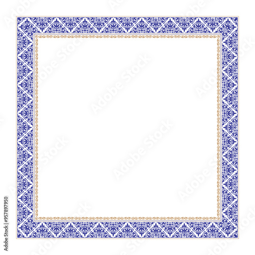 Blue gold square Islamic Asian Kazakh national ornament frames. Kazakh pattern frame, border, decorative ornament of the Kazakh, Kyrgyz, Mongol, Tatar, Uzbek, Tajik for plates, textiles, print design