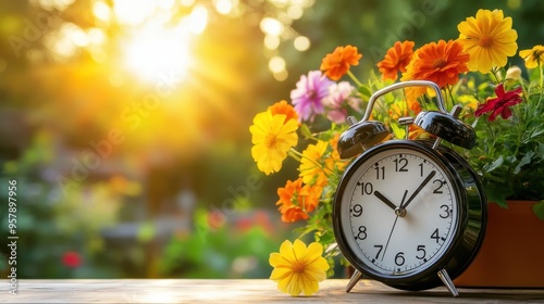 Vintage Alarm Clock on Wooden Table with Flowers in a Pot and Sunlight