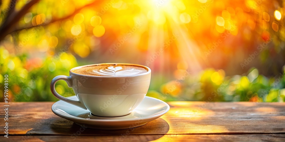 Cozy cup of latte on vibrant abstract background in sunlight, perfect for a relaxing morning coffee Cozy cup of latte on vibrant abstract background in sunlight, perfect for a relaxing morning coffee