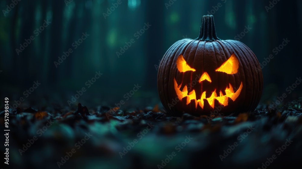 Malevolent Glowing Pumpkin in Eerie Forest at Night with Copy Space, Selective Focus, Ultra HD Malevolent Glowing Pumpkin in Eerie Forest at Night with Copy Space, Selective Focus, Ultra HD