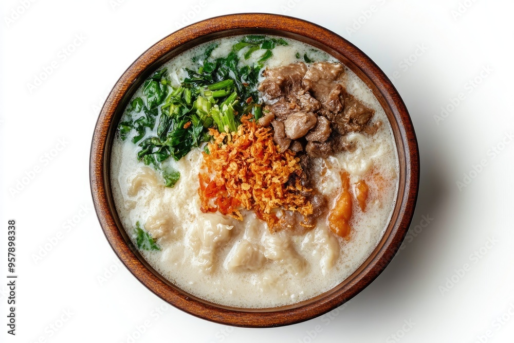 Wooden Bowl of Creamy Soup with Meat, Vegetables, and Fried Onions
