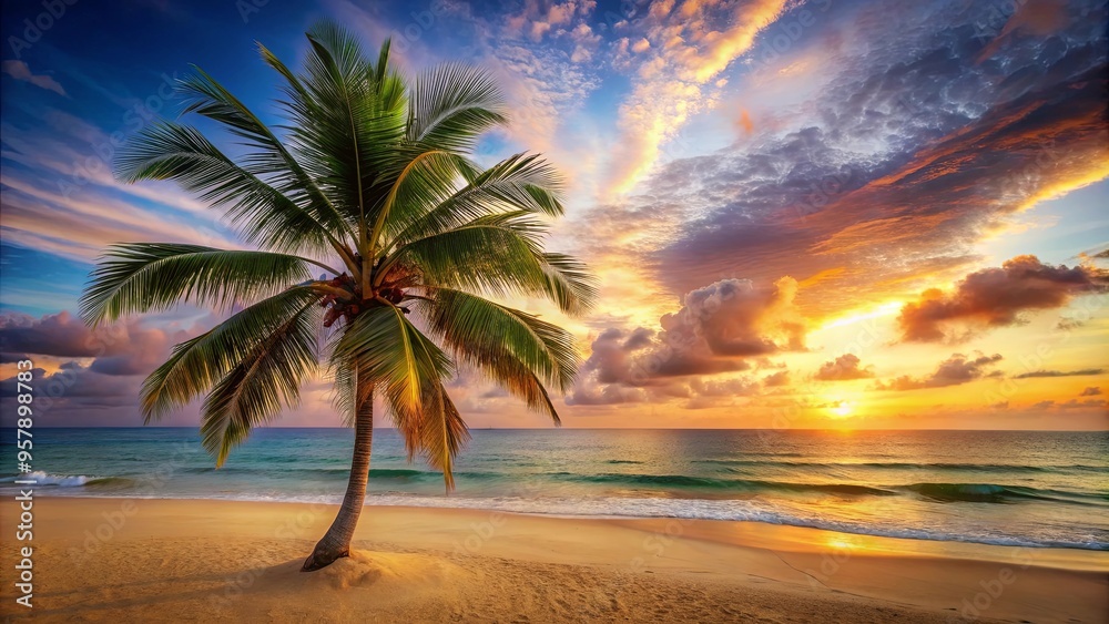 Fototapeta premium Tropical beach scene with palm tree, golden sand, and colorful sky