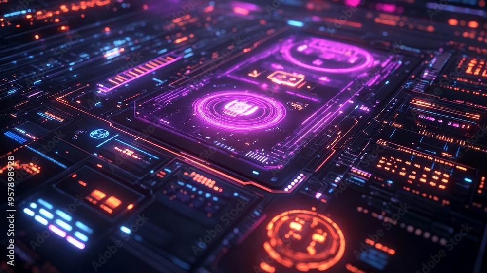 Futuristic copper board, illuminated with neon holograms and interactive UI elements, glowing in deep blue and purple tones, 3D render, Sci-Fi aesthetic Futuristic copper board, illuminated with neon holograms and interactive UI elements, glowing in deep blue and purple tones, 3D render, Sci-Fi aesthetic