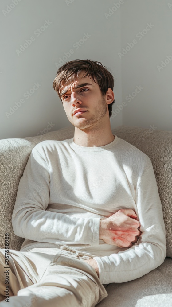 Young man sitting on a couch, looking thoughtfully into the distance. He is wearing a white sweater and beige pants. The sun is shining through a window, casting a warm glow on him. Young man sitting on a couch, looking thoughtfully into the distance. He is wearing a white sweater and beige pants. The sun is shining through a window, casting a warm glow on him.