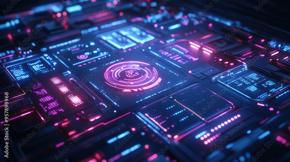 Futuristic copper board, illuminated with neon holograms and interactive UI elements, glowing in deep blue and purple tones, 3D render, Sci-Fi aesthetic Futuristic copper board, illuminated with neon holograms and interactive UI elements, glowing in deep blue and purple tones, 3D render, Sci-Fi aesthetic