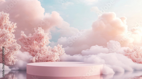 A surreal 3D render featuring a stone podium or table top set against an outdoor backdrop. The scene is bathed in a dreamy atmosphere with a blue sky and soft pastel clouds in gold and pink hues. The 