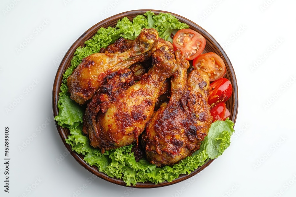 Roasted Chicken Legs with Lettuce and Tomato Slices Roasted Chicken Legs with Lettuce and Tomato Slices