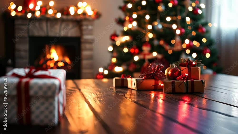 Christmas gifts in front of fireplace and blurry lights on xmas tree in the evening Christmas gifts in front of fireplace and blurry lights on xmas tree in the evening