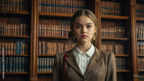 girl formal wear in Vintage library with wooden shelves background