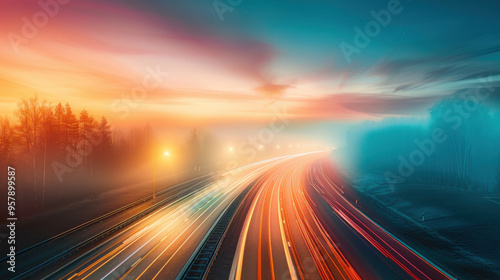 Highway at Sunset with Light Trails