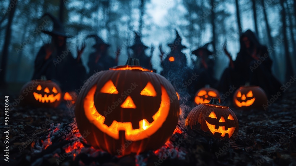 Spellbinding Witches Gathering Around Bonfire with Runed Jackolanterns - Halloween Ritual Scene with Copy Space, Selective Focus, Ultra HD Spellbinding Witches Gathering Around Bonfire with Runed Jackolanterns - Halloween Ritual Scene with Copy Space, Selective Focus, Ultra HD