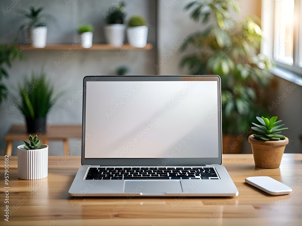 Modern MacBook Air mockup on a minimalist desk with plants. Modern MacBook Air mockup on a minimalist desk with plants.