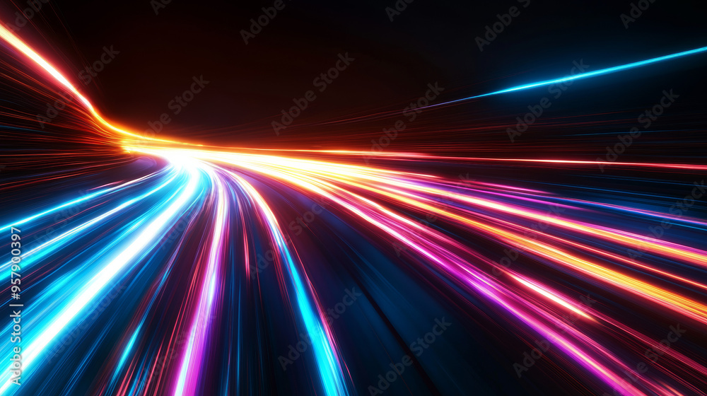 3D neon light effect with glowing trails. Colorful light motion background showcasing speed, featuring motion blur for a long-time effect. Captures a technology 5G design concept with laser beams spar 3D neon light effect with glowing trails. Colorful light motion background showcasing speed, featuring motion blur for a long-time effect. Captures a technology 5G design concept with laser beams spar