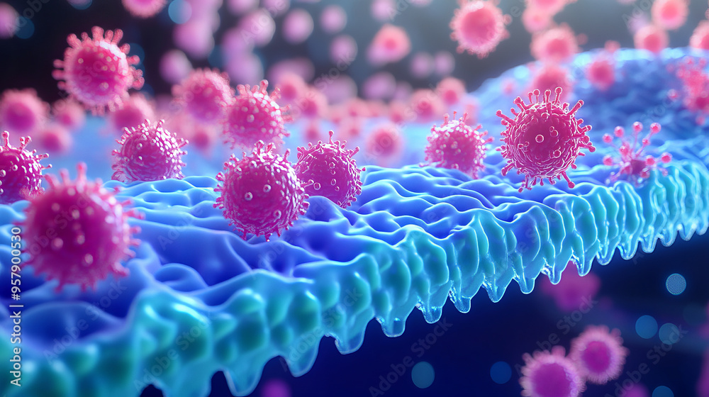 A 3D render depicting the cell membrane with a focus on the phospholipid bilayer and its intricate structure. The scene illustrates the fluid mosaic model, with the bilayer consisting of two layers of A 3D render depicting the cell membrane with a focus on the phospholipid bilayer and its intricate structure. The scene illustrates the fluid mosaic model, with the bilayer consisting of two layers of