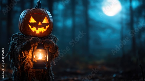 Mysterious Pumpkinheaded Figure with Lantern in Spooky Moonlit Forest - Halloween Concept with Copy Space photo