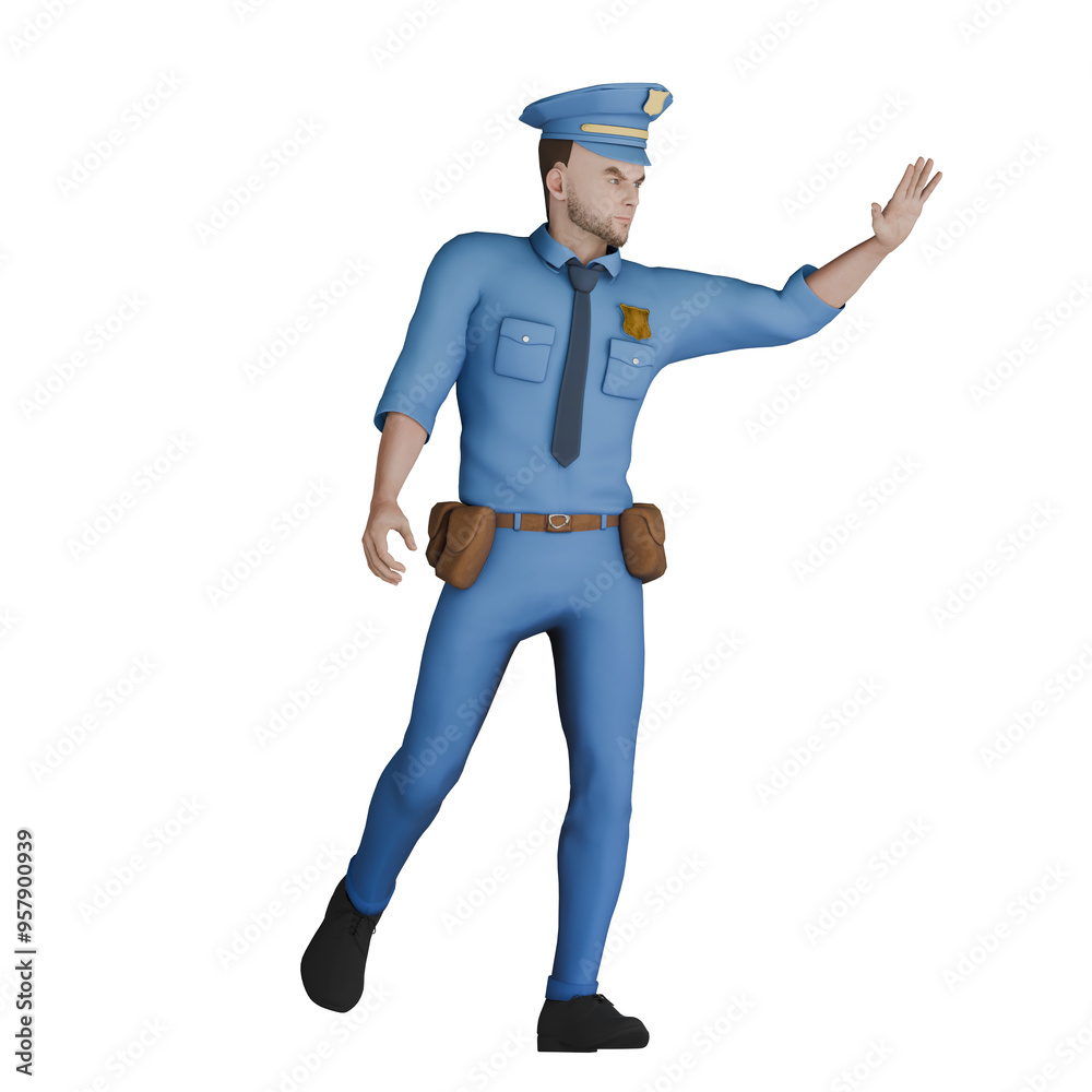 Professional Law Cartoon Male. A male police officer is standing with his left leg straight and his right leg raised behind him as if walking and facing left with his left hand raised. 3D Cop Illustr Professional Law Cartoon Male. A male police officer is standing with his left leg straight and his right leg raised behind him as if walking and facing left with his left hand raised. 3D Cop Illustr