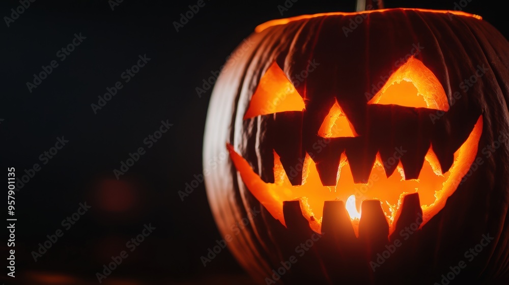 Spooky Jack-o'-Lantern with Flickering Flame and Eerie Shadows in Ultra HD - Halloween Concept with Copy Space Spooky Jack-o'-Lantern with Flickering Flame and Eerie Shadows in Ultra HD - Halloween Concept with Copy Space