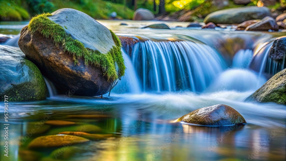 A serene close-up of water flowing from a rock into a body of water, surrounded by rocks and a tranquil atmosphere A serene close-up of water flowing from a rock into a body of water, surrounded by rocks and a tranquil atmosphere