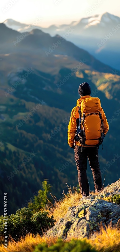 Obraz premium A hiker in an orange backpack stands on a mountain ridge, overlooking a scenic landscape at sunset.