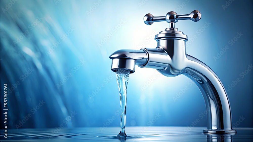 Close-up shot of water faucet with steady stream flowing out Close-up shot of water faucet with steady stream flowing out