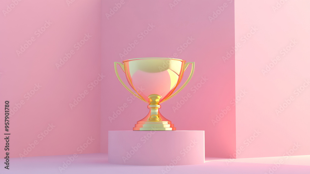 A 3D render featuring a flat icon of a golden trophy or champion cup, designed in a lofi anime cartoon style. The trophy is depicted with a sleek, minimalistic design, emphasizing its role as a symbol A 3D render featuring a flat icon of a golden trophy or champion cup, designed in a lofi anime cartoon style. The trophy is depicted with a sleek, minimalistic design, emphasizing its role as a symbol
