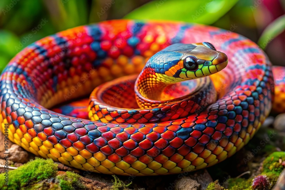 Obraz premium A colorful snake with a blue head and red and yellow stripes