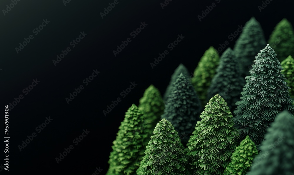 abstract 3d illustration of lush green coniferous trees in a dark forest setting for website and presentation designs abstract 3d illustration of lush green coniferous trees in a dark forest setting for website and presentation designs