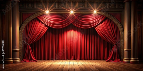 Elegant theater stage with red curtains and spotlight, perfect for dramatic performances