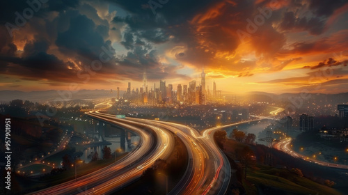 Cityscape at Sunset with Highway and Dramatic Sky