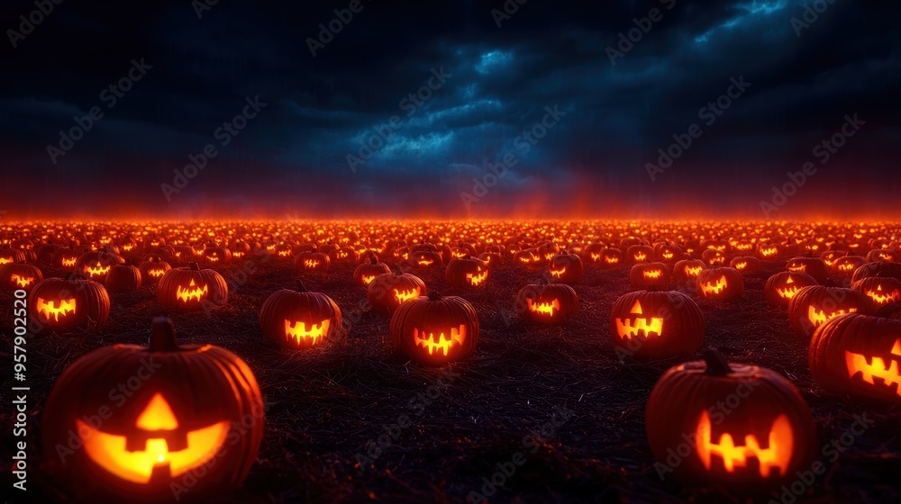 Enchanting Halloween Scene: Glowing Jack-o'-Lanterns in a Dark Desolate Landscape With Stormy Sky. Selective Focus, Ultra HD.