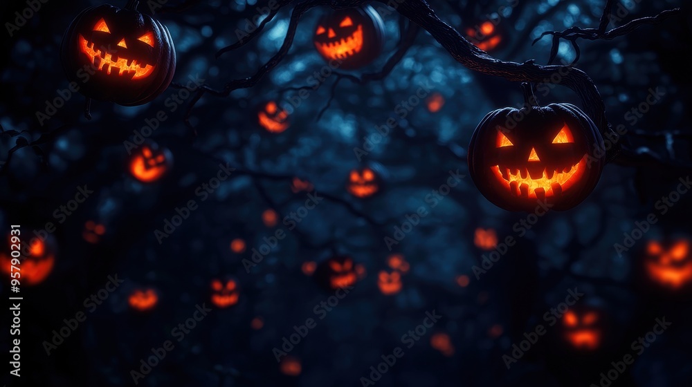Fototapeta premium Enchanted Halloween Forest with Jack o'Lanterns on Trees Illuminating the Night | Pathway to Darkness and Mystery | Ultra HD Photo with Copy Space