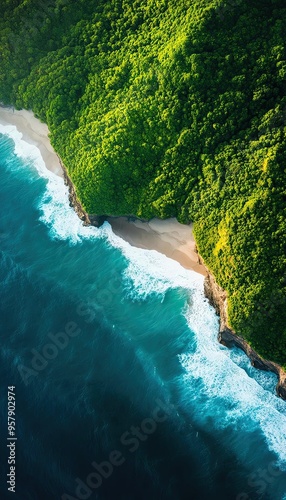 Aerial view of a beautiful coastline with lush green cliffs and gentle waves lapping at a secluded beach under bright blue skies. photo