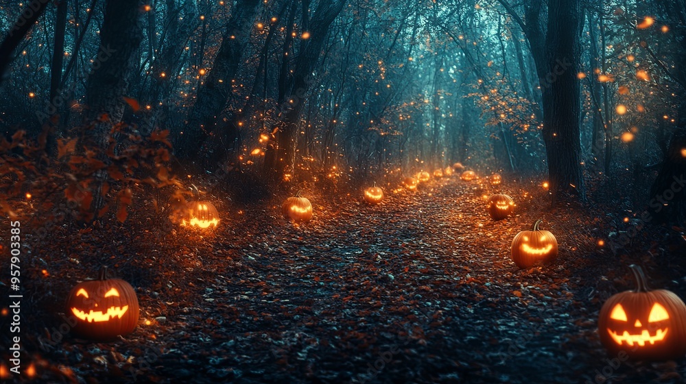 Mystical Glowing Pumpkin Lanterns in Dark Forest, Spooky Halloween Night, Eerie Jack-O-Lanterns Amidst Leafy Path, Festive Autumn Decor, Enchanted Forest Scene for Holiday Fantasy Mystical Glowing Pumpkin Lanterns in Dark Forest, Spooky Halloween Night, Eerie Jack-O-Lanterns Amidst Leafy Path, Festive Autumn Decor, Enchanted Forest Scene for Holiday Fantasy