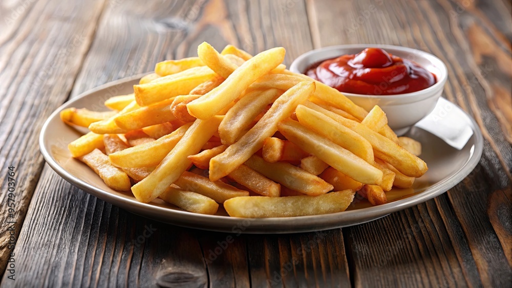 Close-up of a plate of crispy French fries with a side of ketchup Close-up of a plate of crispy French fries with a side of ketchup