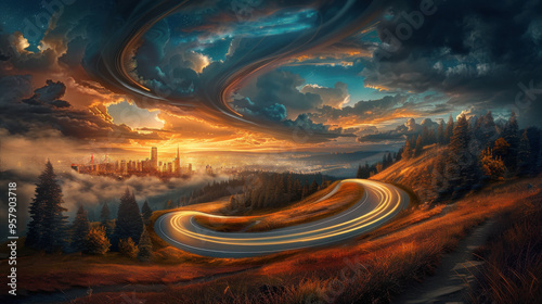Dreamy Cityscape with Winding Road at Sunset