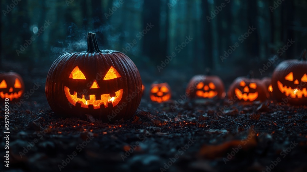 Enchanted Midnight Ritual: Glowing Jack-o'-Lantern Circle in Forest Clearing, Halloween Celebration, Spooky Atmosphere, Copy Space Enchanted Midnight Ritual: Glowing Jack-o'-Lantern Circle in Forest Clearing, Halloween Celebration, Spooky Atmosphere, Copy Space
