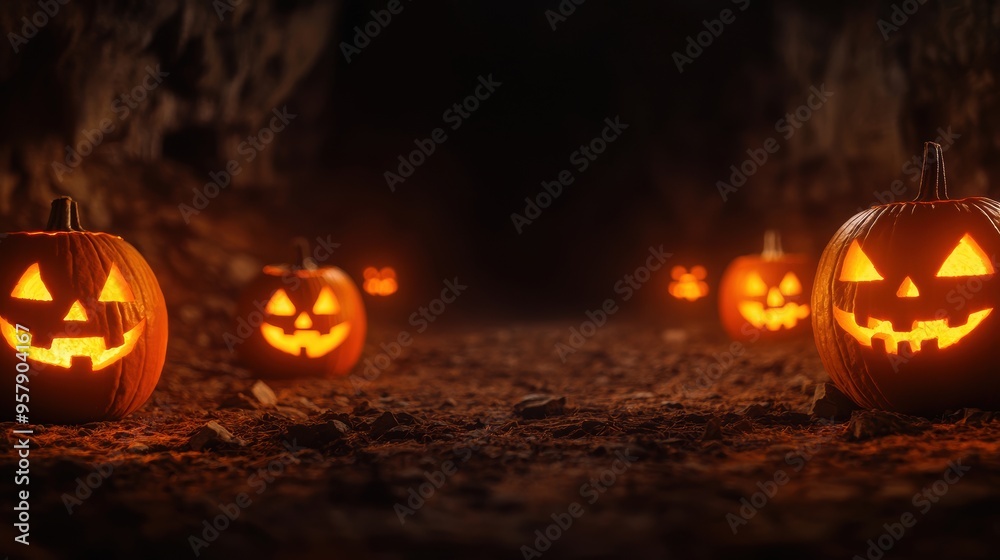 Mystical Ancient Ritual in Dark Cave with Jack-o'-lanterns Illuminating Stone Walls - Halloween Concept with Copy Space Mystical Ancient Ritual in Dark Cave with Jack-o'-lanterns Illuminating Stone Walls - Halloween Concept with Copy Space