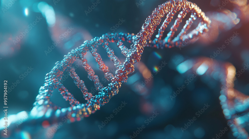 A detailed 3D render of a helix structure representing complementary strands of DNA or RNA. The scene prominently features the double helix of DNA, with intertwined strands showcasing the genetic code A detailed 3D render of a helix structure representing complementary strands of DNA or RNA. The scene prominently features the double helix of DNA, with intertwined strands showcasing the genetic code