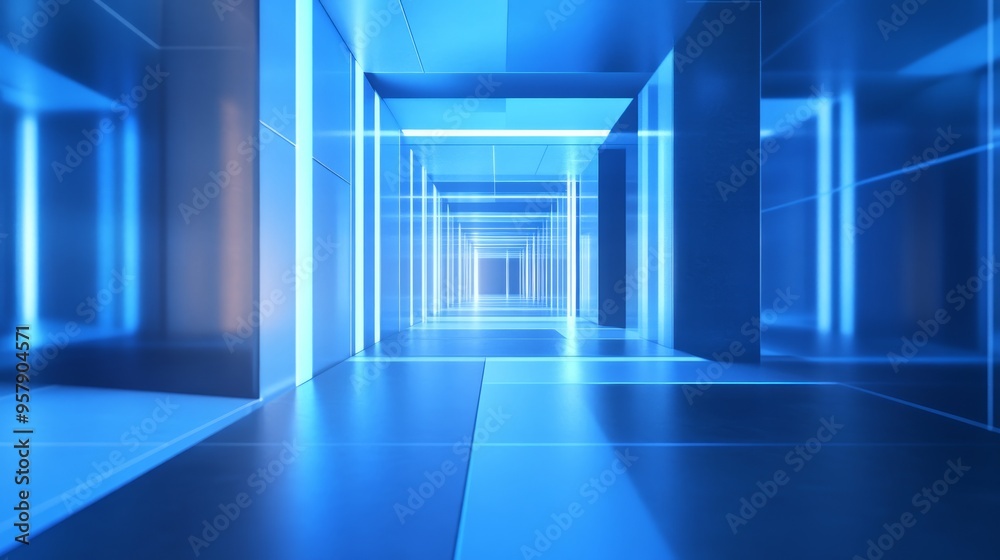 Fototapeta premium Abstract metaverse room on blue backdrop. Technology and innovation concept. 3D Rendering
