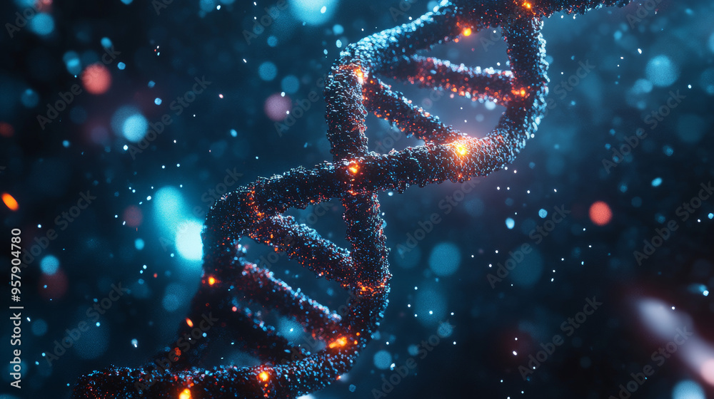 A detailed 3D render of a helix structure representing complementary strands of DNA or RNA. The scene prominently features the double helix of DNA, with intertwined strands showcasing the genetic code A detailed 3D render of a helix structure representing complementary strands of DNA or RNA. The scene prominently features the double helix of DNA, with intertwined strands showcasing the genetic code