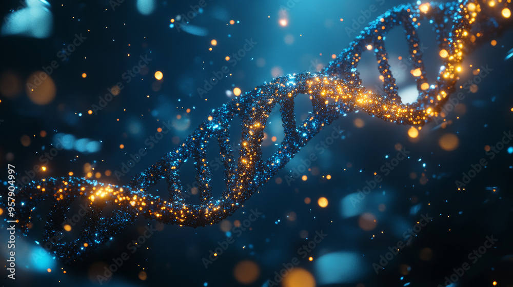 Naklejka premium A detailed 3D render of a helix structure representing complementary strands of DNA or RNA. The scene prominently features the double helix of DNA, with intertwined strands showcasing the genetic code