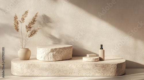 A sophisticated 3D background featuring a beige podium display with a nature-inspired touch. The scene includes a nude cosmetic or beauty product positioned on a smooth, beige podium. The podium is de