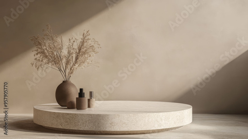 A sophisticated 3D background featuring a beige podium display with a nature-inspired touch. The scene includes a nude cosmetic or beauty product positioned on a smooth, beige podium. The podium is de