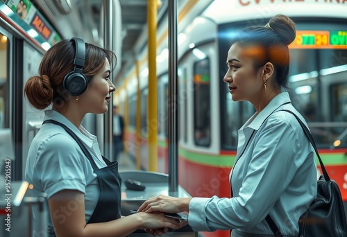 The image segues from a white woman cashier to a tram featuring photo