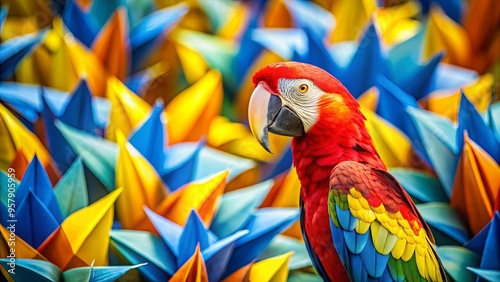 Vibrant scarlet macaw amidst blue and yellow origami birds, perfect for a colorful and artistic stock photo photo