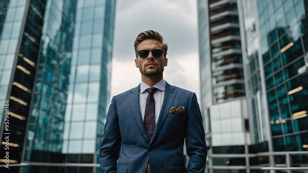 guy formal wear in Modern glass skyscraper background guy formal wear in Modern glass skyscraper background