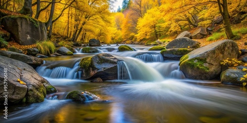 Scenic view of water stream flowing from rock into body of water with yellow foliage photo