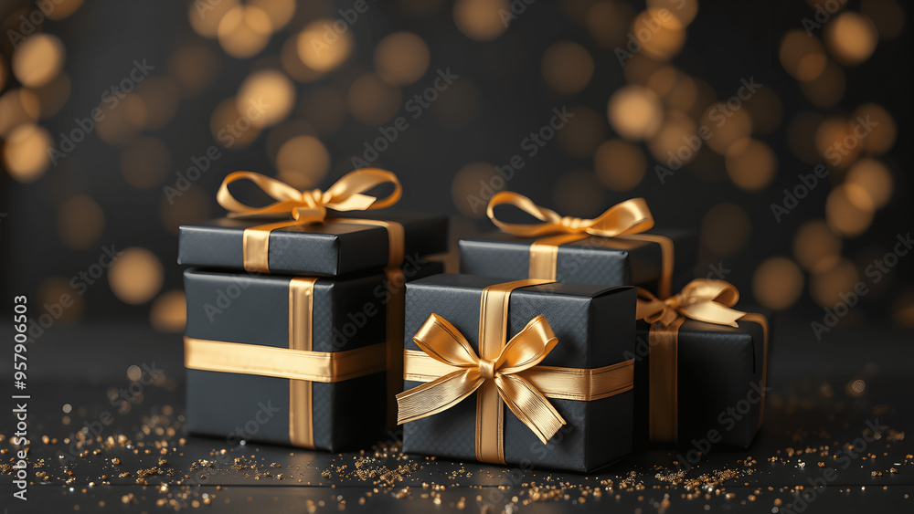 Luxury black gift boxes with golden ribbon on bokeh background Luxury black gift boxes with golden ribbon on bokeh background